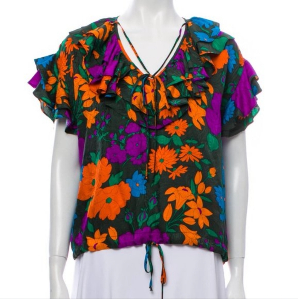 WARM brand silk floral drawstring waist ruffle tie top